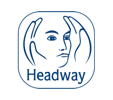 Logo of Headway UK, the brain injury association. Is is an illustration of a person's face with someone's hands cupping their head.