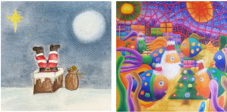 Two images, one of santa's legs sticking up out of a chimney with a star and moon in the backgroud. The second design is by Paul and is a colourful image of santa as a puffa fish in a fish tank with other fish, trees and presents.