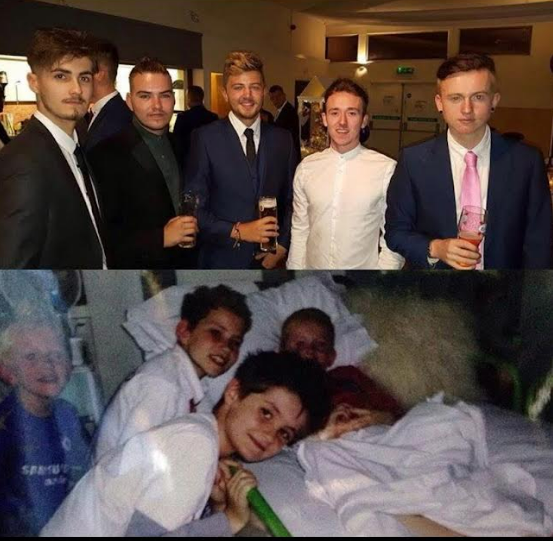 The bottom photo shows Freddie in a hospital bed as a child surrounded by his school friends. The top photo is of Freddie and his friends now aged 19 at a ball celebrating his 10 year recovery.