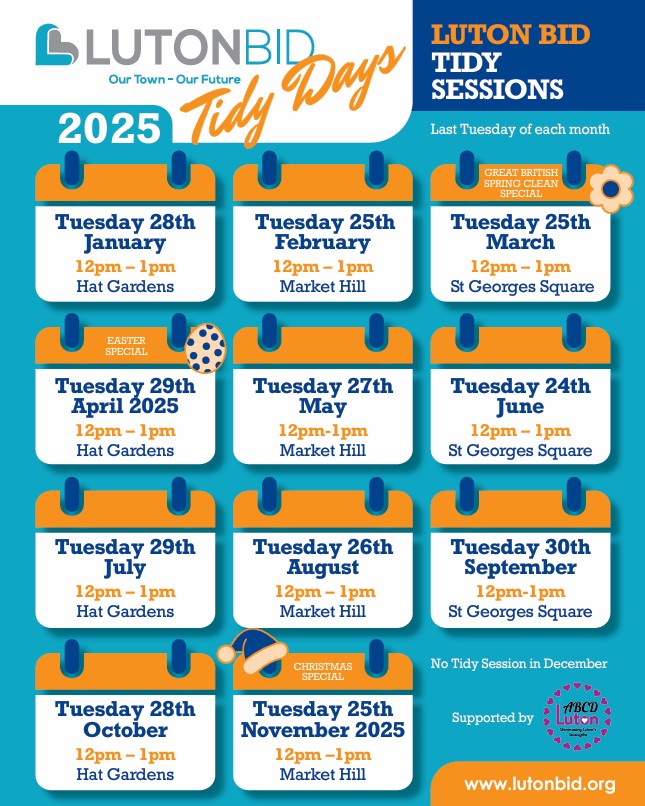 A calendar showing the upcoming dates of the next tidy sessions. 27th may, 24th June, 29th July, 26th August, 30th September, 28th October and 25th November.