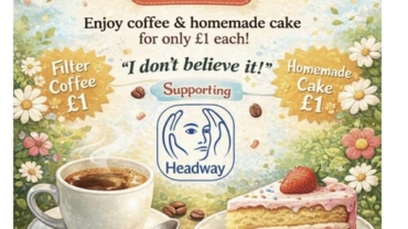 A poster from All Saints Chruch in Houghton Regis promoting a now past event for coffee and cake for £1, raising funds for Headway. The logo is of Headway UK rather than Headway Luton but we let them know that we are seperate charities.