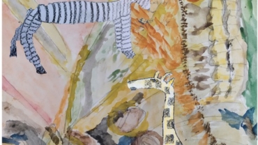 A drawing of a zebra and giraffe with abstract designs in the background. The poster reads "Whipsnade Zoo, a world of adventure'.