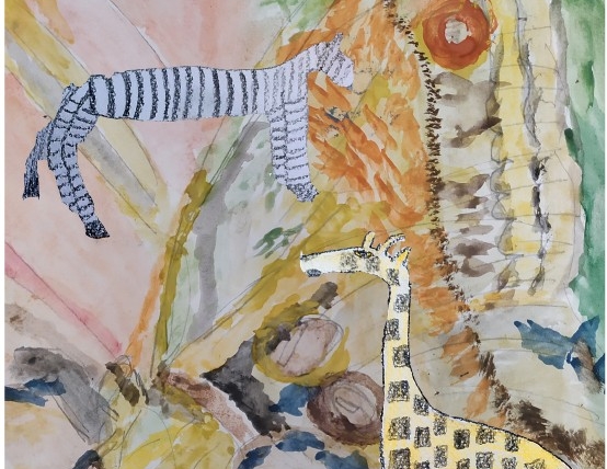 A drawing of a zebra and giraffe with abstract designs in the background. The poster reads "Whipsnade Zoo, a world of adventure'.