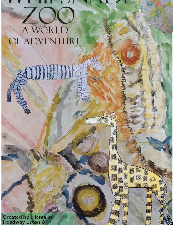 A drawing of a zebra and giraffe with abstract designs in the background. The poster reads "Whipsnade Zoo, a world of adventure'.