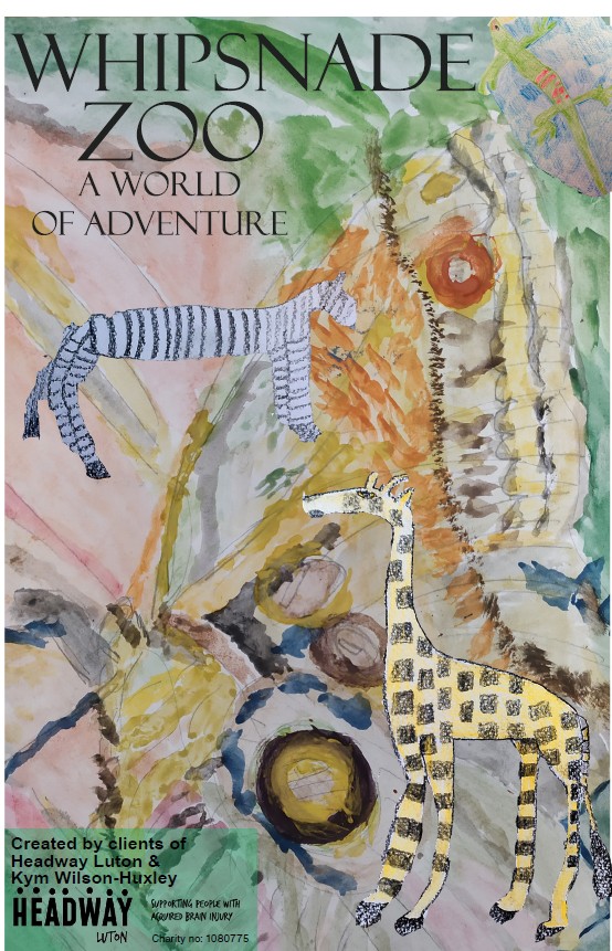A drawing of a zebra and giraffe with abstract designs in the background. The poster reads "Whipsnade Zoo, a world of adventure'.